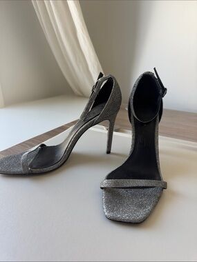 Mango Silver Glitter Ankle-Strap Stiletto Heels